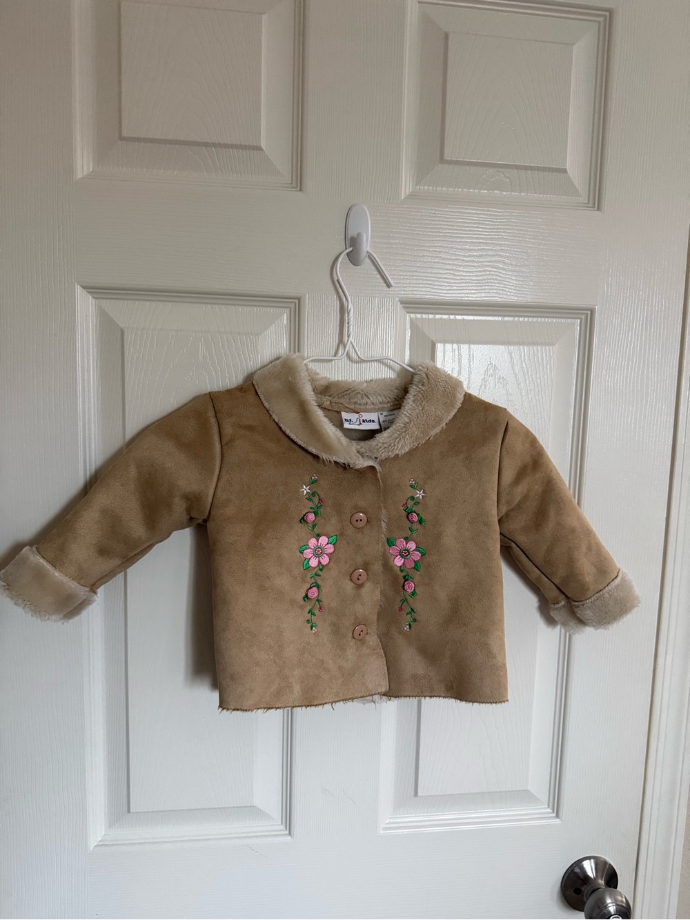Girls Tan Faux-Suede Coat with Pink Floral Embroidery